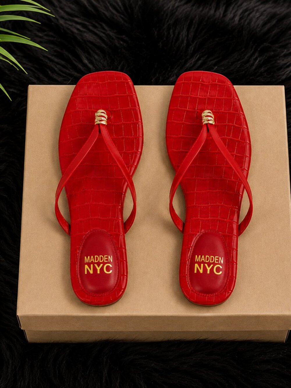 Madden NYC Red Croc-Embossed Thong Sandals – Flat Slip-On Sandals